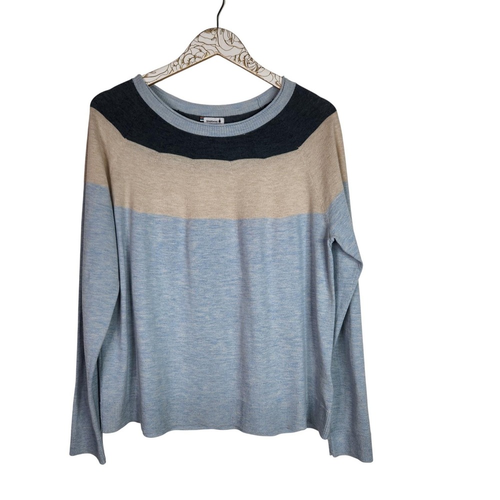 SMARTWOOL Sweater Womens Large Blue Tan Edgewood Colorblock Merino Crewneck